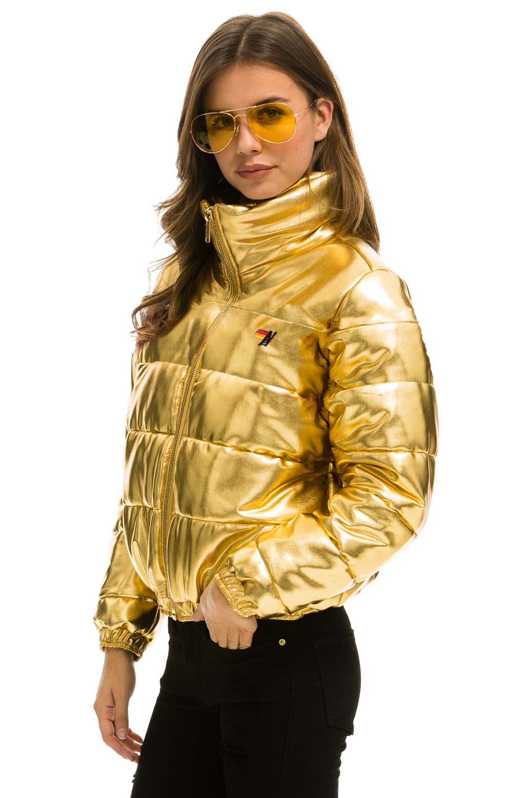 WOMEN&#39;S BOLT LUXE APRES PUFFER JACKET - METALIC GOLD Jacket Aviator Nation 