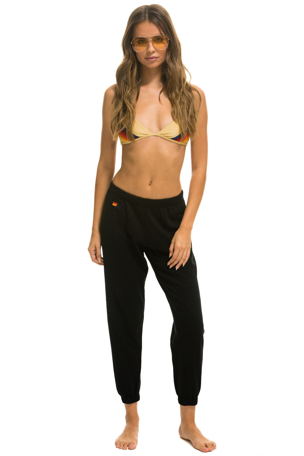 WOMEN'S LIGHT WEIGHT BOLT SWEATPANTS - BLACK // NEON PINK SALE Aviator Nation 