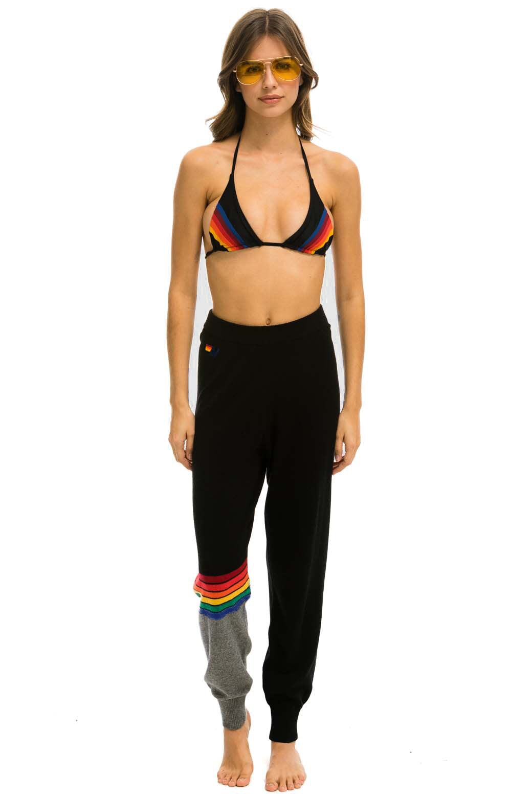 WOMEN'S RAINBOW STRIPE CASHMERE LIGHT SWEATER PANT - BLACK // CHARCOAL Women's Sweatpants Aviator Nation 