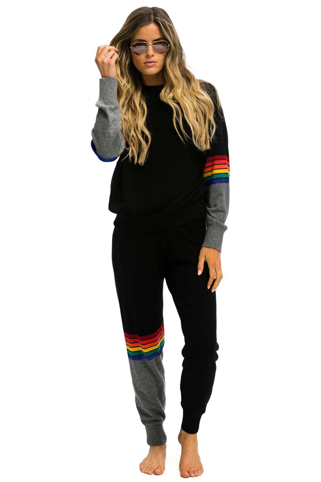 WOMEN'S RAINBOW STRIPE CASHMERE LIGHT SWEATER PANT - BLACK // CHARCOAL Women's Sweatpants Aviator Nation 