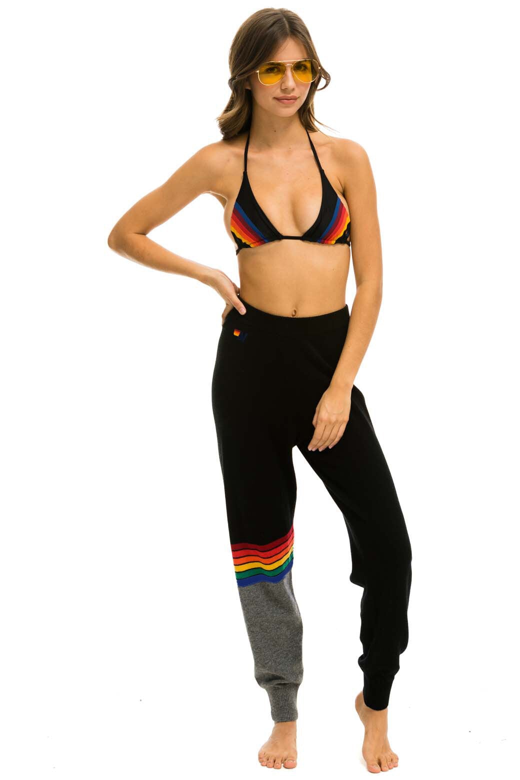 WOMEN&#39;S RAINBOW STRIPE CASHMERE LIGHT SWEATER PANT - BLACK // CHARCOAL Women&#39;s Sweatpants Aviator Nation 